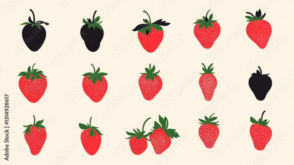 Strawberry Illustrations Set, Flat Style, Vector Graphic for Print or Digital Use Strawberry Illustrations Set, Flat Style, Vector Graphic for Print or Digital Use
