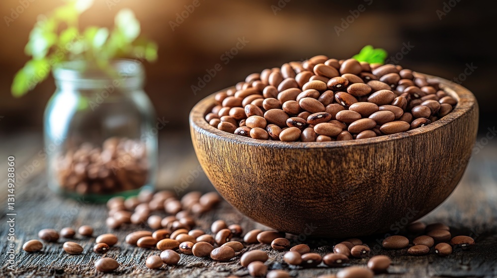 Wooden bowl of brown beans on rustic table with herbs Wooden bowl of brown beans on rustic table with herbs