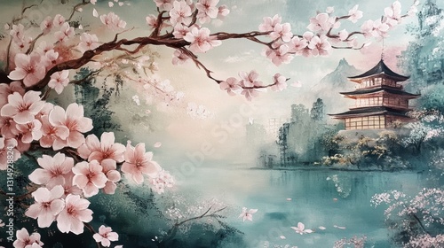 Beautiful cherry blossom flower and vintage building in Spring.