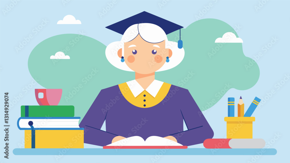 A woman in her 50s is the oldest student in her class but she doesnt let that stop her from excelling and proving that its never too late to learn.. Vector illustration A woman in her 50s is the oldest student in her class but she doesnt let that stop her from excelling and proving that its never too late to learn.. Vector illustration