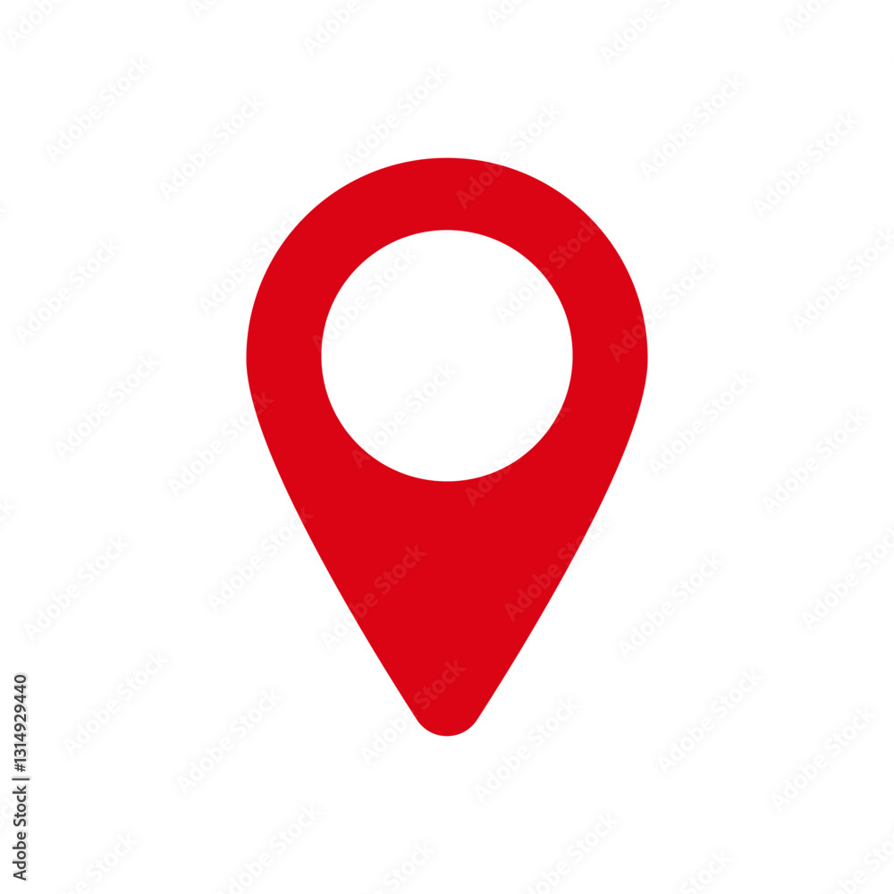 Bright red map pin with a pointed tail and inner white circle symbol for map location marking. Bright red map pin with a pointed tail and inner white circle symbol for map location marking.