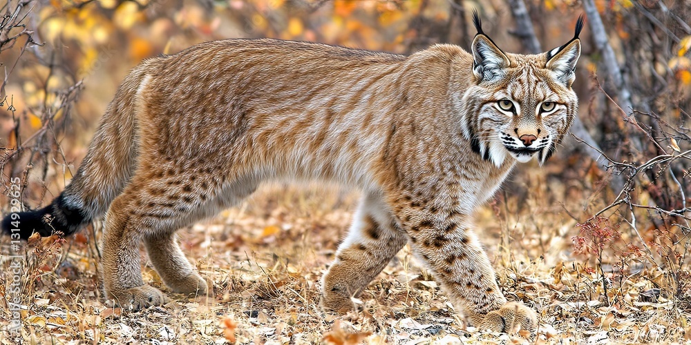 Obraz premium Lynx stalking prey in forest wildlife photography autumn close-up nature