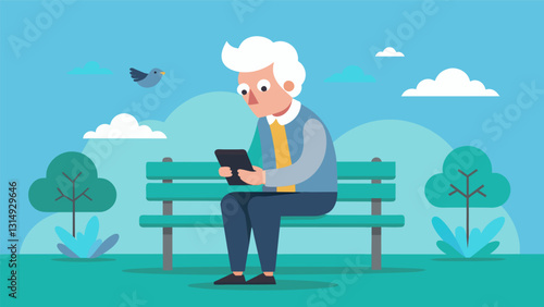 A silverhaired man sitting on a park bench scrolling through Twitter and sharing his thoughts on current events.. Vector illustration
