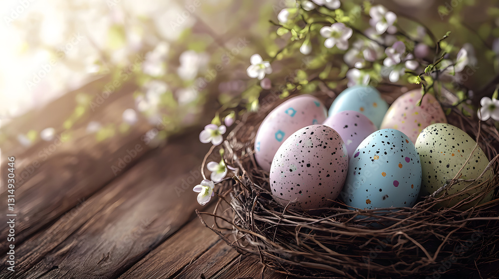 Easter nest, pastel eggs, rustic setting, natural decor, springtime, wooden background, cozy atmosphere, seasonal composition, soft lighting, delicate flowers Easter nest, pastel eggs, rustic setting, natural decor, springtime, wooden background, cozy atmosphere, seasonal composition, soft lighting, delicate flowers