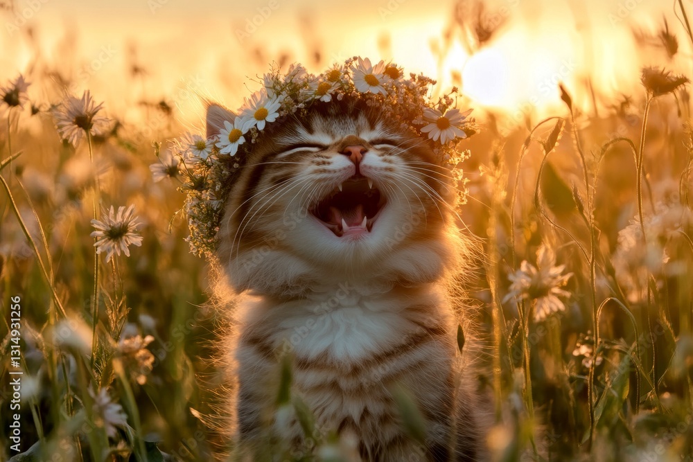 Obraz premium Cute baby cat himalayan wearing untamed flower circlet on its head. Golden hour in sunset. Summertime happiness. Smiling pet traveler in nature. Outdoor exploration with a pet.