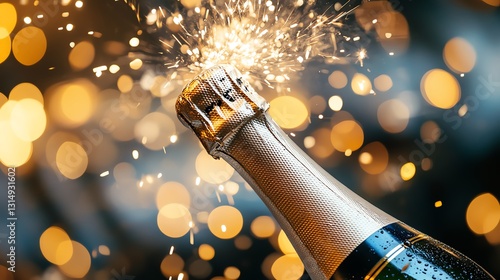 Champagne bottle with sparkling celebration effects