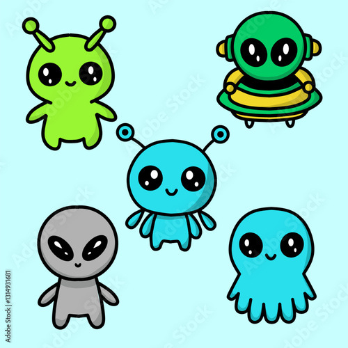 A set of five adorable alien characters in different shapes and colors, featuring large eyes and cute expressions, perfect for sci-fi and fantasy themes