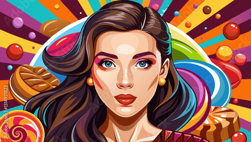 Beautiful young woman with delicious chocolate candy on color background
