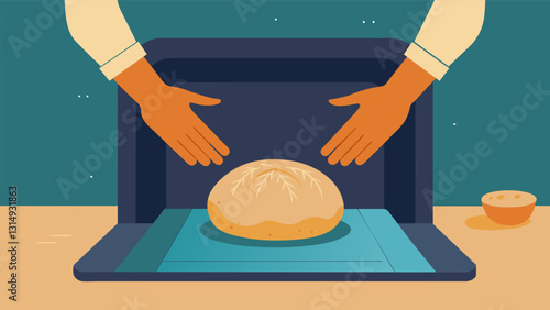 Two hands knead the dough shaping it into a round golden loaf before placing it in the oven.. Vector illustration