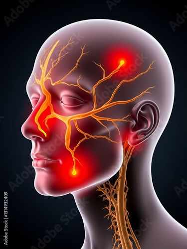 An illustration of the trigeminal nerve's three branches extending across the face, with vivid red highlights around key pain areas, visually representing trigeminal neuralgia