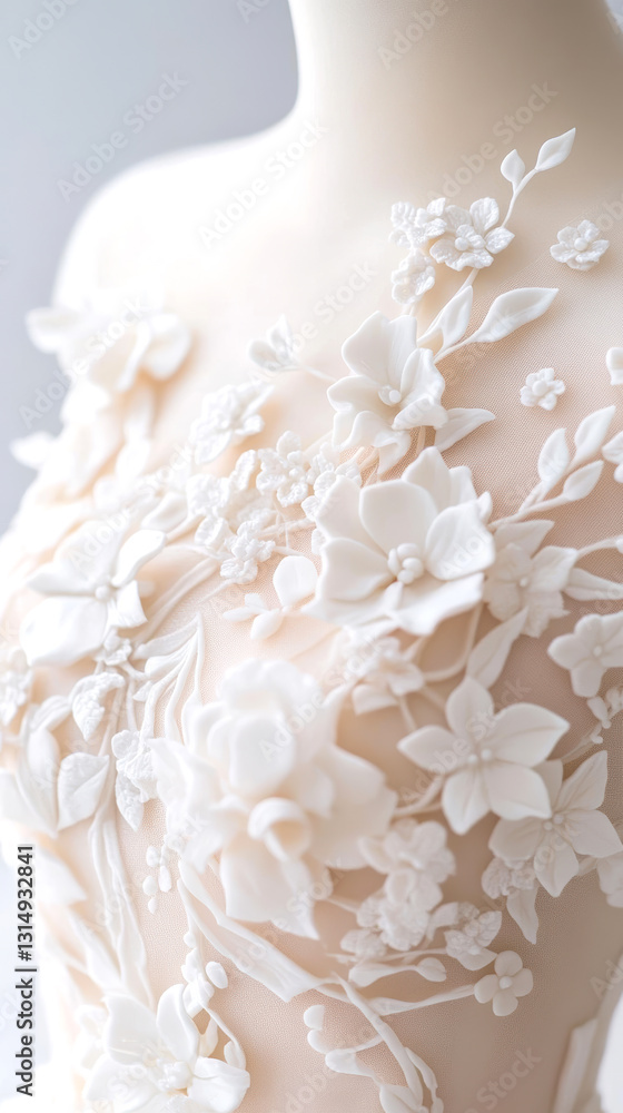 Elegant bridal gown with intricate floral applique detailing in soft pastel tones Elegant bridal gown with intricate floral applique detailing in soft pastel tones