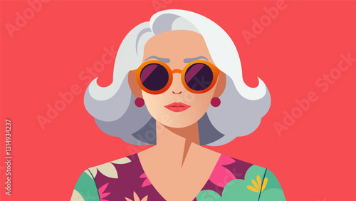 An older woman with her silver hair styled in a chic bob dons a pair of oversized sunglasses and a flowy floral dress giving off a bohemian vibe.. Vector illustration