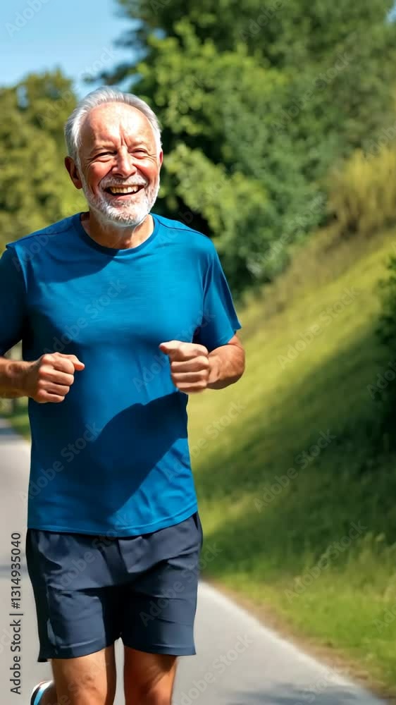 Elderly man jogging along a scenic path surrounded by greenery in bright sunlight enjoying fitness and health Elderly man jogging along a scenic path surrounded by greenery in bright sunlight enjoying fitness and health