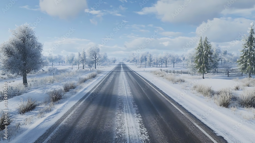 Fototapeta premium A snowy road stretches through a winter landscape under a blue sky with fluffy clouds.