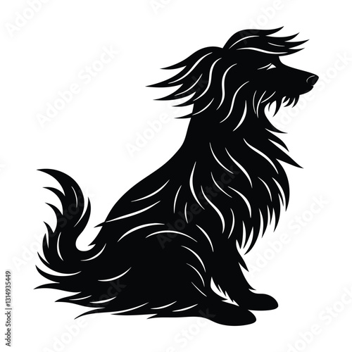 Shaggy Dog Sitting with Fur Blowing in the Wind Silhouette for Pet Stock