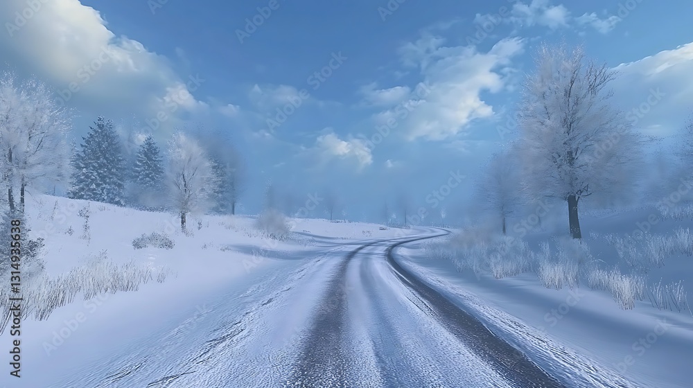 A serene winter landscape featuring a winding snowy road under a blue sky. A serene winter landscape featuring a winding snowy road under a blue sky.