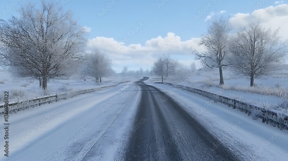 Obraz premium A snowy road winding through a winter landscape under a clear blue sky.