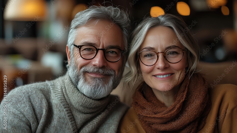 A smiling older couple sits closely together on a couch, looking at a tablet. A smiling older couple sits closely together on a couch, looking at a tablet.