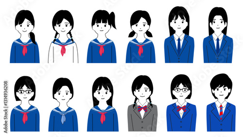 制服を着ている女の子の生徒のアバターセット
