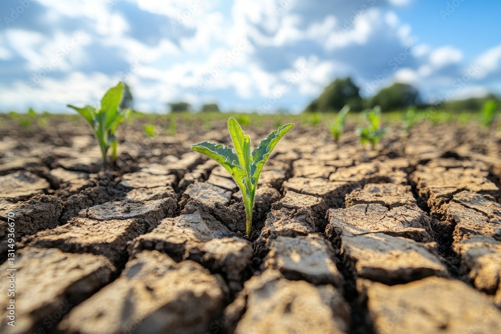 Young Plant Emerging from Parched Soil in a Field under a Cloudy Sky - Symbolizing Resilience and Growth Young Plant Emerging from Parched Soil in a Field under a Cloudy Sky - Symbolizing Resilience and Growth