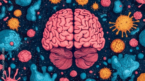 A colorful illustration of a brain surrounded by various microorganisms, highlighting the connection between mental processes and biology.