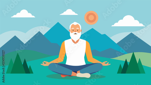 An aging man practices yoga poses in a peaceful mountain setting using mindful breathing to reduce the discomfort from his chronic joint pain and find inner balance.. Vector illustration