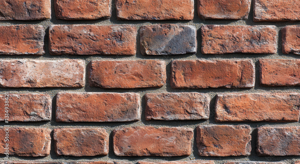 Red brick wall features a variety of textures and shades, presenting a warm and rustic appearance Red brick wall features a variety of textures and shades, presenting a warm and rustic appearance
