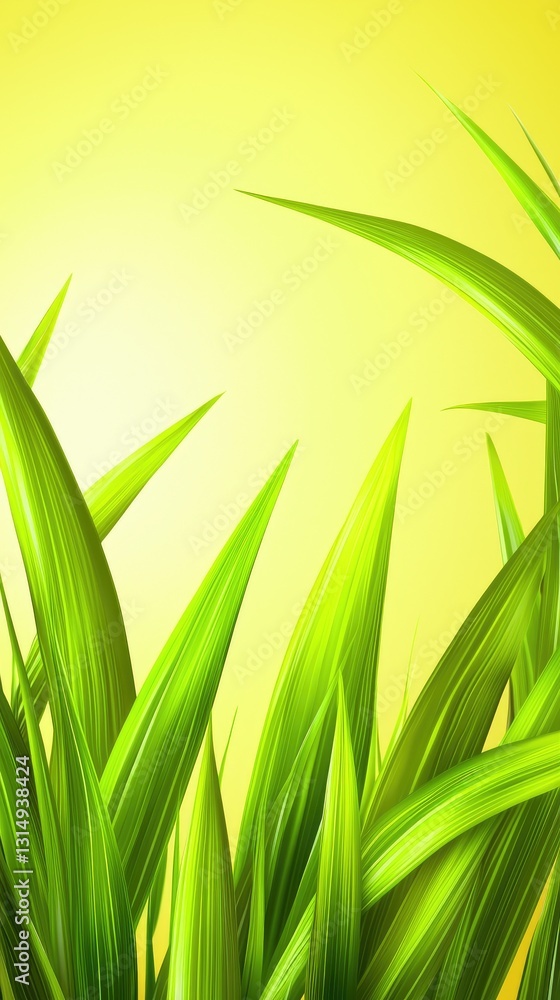 Fototapeta premium Vibrant green grass blades against yellow background; nature spring freshness