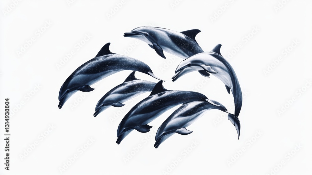 Naklejka premium Dolphins leaping playfully ocean wildlife photography marine environment aerial view group dynamics