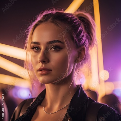 young woman at techno rave festival with colorful lights