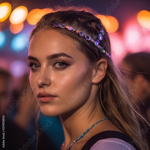 young woman at techno rave festival with colorful lights