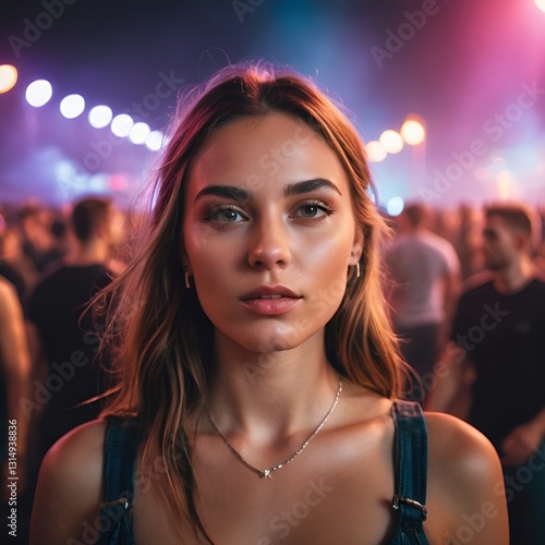 young woman at techno rave festival with colorful lights