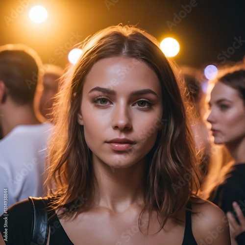 young woman at techno rave festival with colorful lights
