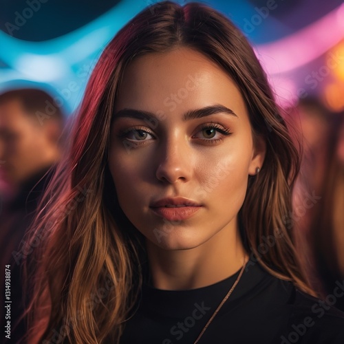 young woman at techno rave festival with colorful lights