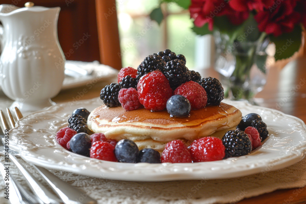 Plate of fluffy pancakes topped with assorted berries ? blueberries, strawberries, and raspberries, drizzled with golden maple syrup on a white plate. Plate of fluffy pancakes topped with assorted berries ? blueberries, strawberries, and raspberries, drizzled with golden maple syrup on a white plate.
