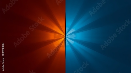 Divided Spectrum: An abstract composition showcases a stark visual contrast, where vibrant orange and deep blue converge, creating a symmetrical split and radiating light. 