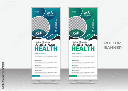 Vector medical health care dl flyer and rollup banner design. Hospital standee design. Trendy signage clinic banner illustration.