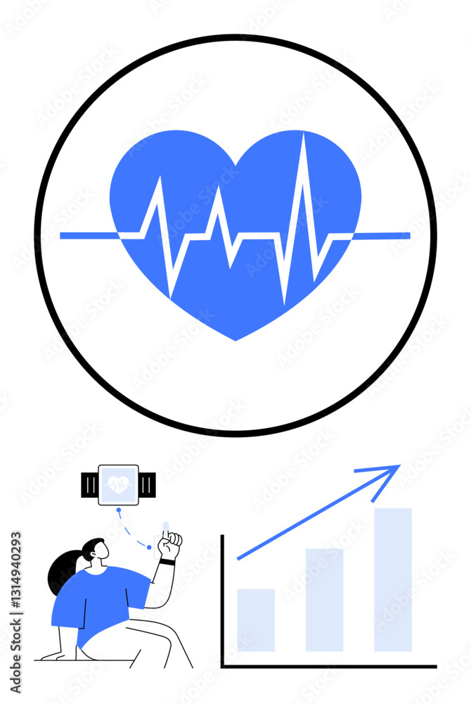 Blue heart with ECG line, smartwatch user tracking health, and upward graph indicating improvement. Ideal for healthcare, fitness, progress, technology, data tracking wellness lifestyle. Flat Blue heart with ECG line, smartwatch user tracking health, and upward graph indicating improvement. Ideal for healthcare, fitness, progress, technology, data tracking wellness lifestyle. Flat