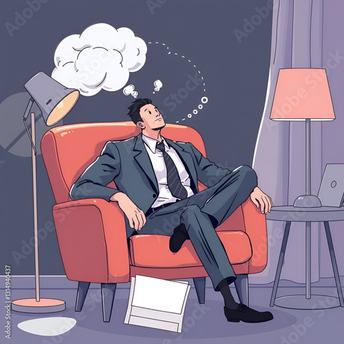 Illustration of businessman sitting in an armchair dreaming