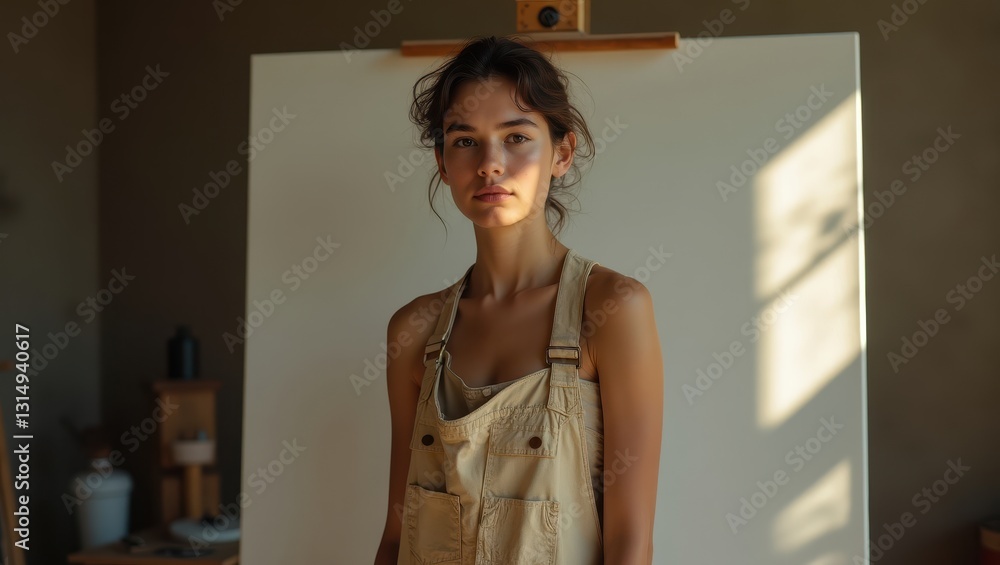 Fototapeta premium Young Woman in Beige Overalls Posing in Art Studio Sunlight Through Window