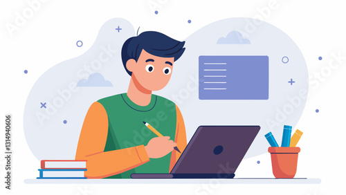 With a look of concentration a student takes notes during a lecture on the fundamentals of JavaScript programming.. Vector illustration