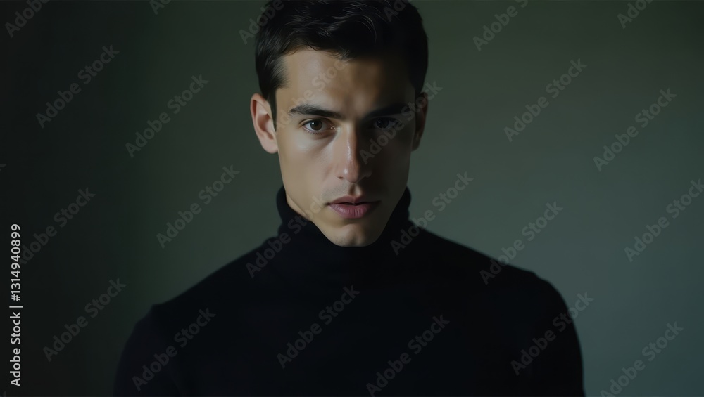 Fototapeta premium Young Man Serious Expression Black Turtleneck Portrait Studio Shot