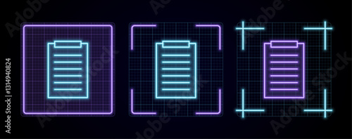 Clipboard illustration, cyber neon visual, glowing border grid vector.	