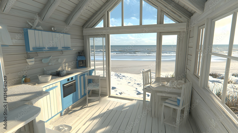 Fototapeta premium Coastal beach house kitchen interior, ocean view, sunny day, relaxing vacation