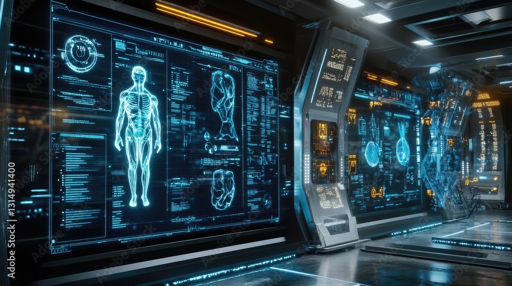 Obraz premium Digital medical interface with futuristic holographic health data and diagnostics.