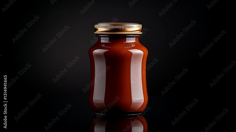 Rich brown sauce in a glass jar with a gold lid, set against a dark background. Rich brown sauce in a glass jar with a gold lid, set against a dark background.