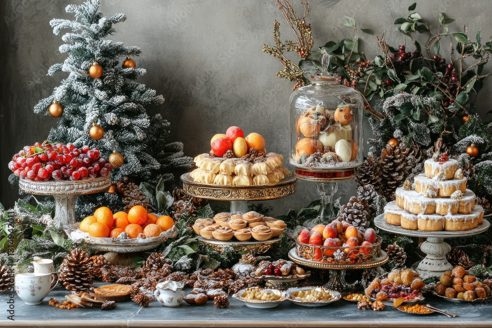 Table loaded with festive Christmas foods: turkey, stuffing, cranberry sauce, mashed potatoes, gravy, and pie, surrounded by twinkling lights and holiday decor. Table loaded with festive Christmas foods: turkey, stuffing, cranberry sauce, mashed potatoes, gravy, and pie, surrounded by twinkling lights and holiday decor.