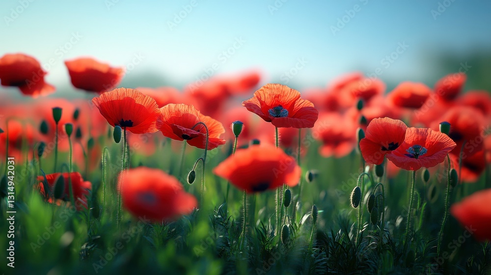 Obraz premium A vibrant field of red poppies swaying gently in the breeze under a clear blue sky, creating a picturesque and serene natural landscape.