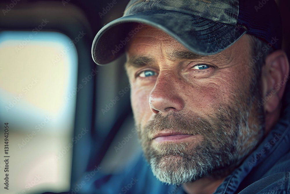 Generative AI image of a thoughtful truck driver in a cabin, portraying the life of a long-haul driver Generative AI image of a thoughtful truck driver in a cabin, portraying the life of a long-haul driver
