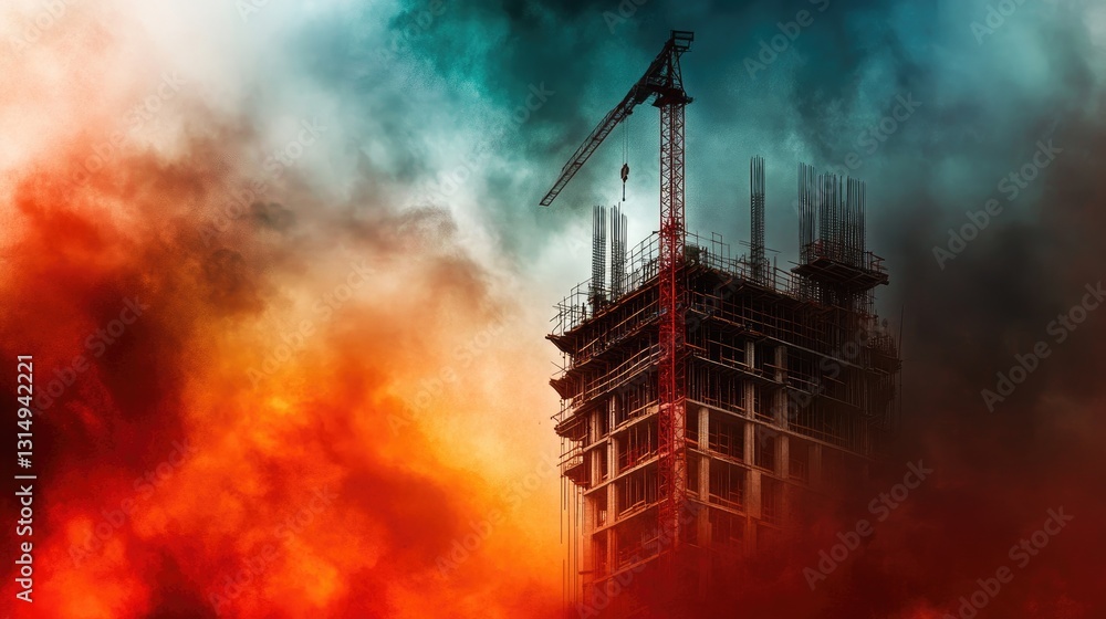 Fototapeta premium Dramatic view of an unfinished high-rise building under construction.